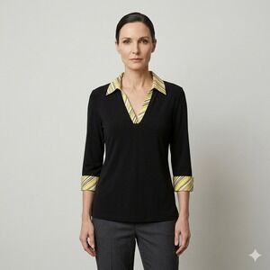 Vtg 90s Y2K George Striped Collar‎ Cuffed 3/4 Sleeve Top Lg Black Yellow V-neck
